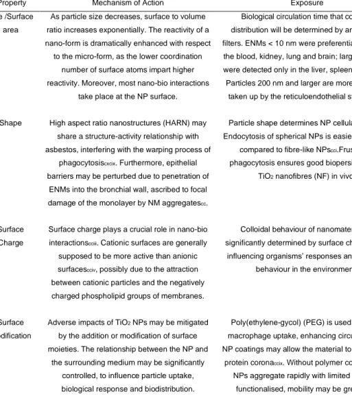 Table 3 The impact of various physicochemical properties upon mechanism of action, exposure, human toxicity and ecotoxicity potential of ENMs 