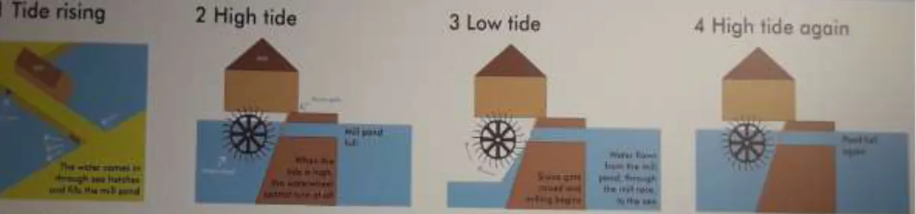 Fig. 16- Schema del funzionamento del mulino a marea di Eling: 1 livello dell’acqua in aumento: l'acqua entra attraverso i boccaporti e riempie il laghetto; 2 alta marea: 