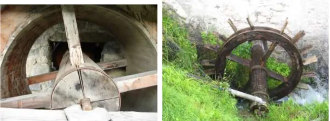 Fig. 19 - particolari dell’albero motore che dalla ruota idraulica entra nella struttura del mulino,  foto a destra mulino di Brunico, foto a sinistra mulino di Casto