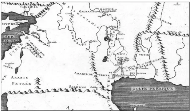 Fig. 2. Dettaglio della carta intitolata  “Carte de la  situation du  paradis terrestre”, in  Pierre-Daniel Huet, 
