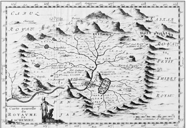 Fig.  5.  Carta  intitolata  “Carte  nouvelle  du  Royame  de  Kachemire”,  in François  Bernier,  Voyages  de 