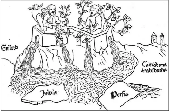 Fig. 1. Dettaglio del paradiso terrestre, da un disegno sintetico del mappamondo inciso su una pagina (fol