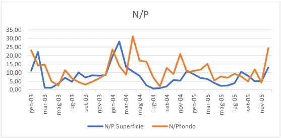 Figura 4.1.6 - Andamento del rapporto N/P durante il trimestre 2003-2004-2005 