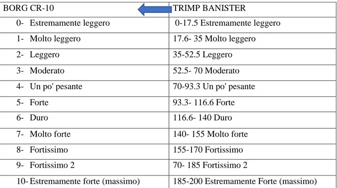 Tabella 2: tabella comparativa metodi TRIMP di Banister e Borg 