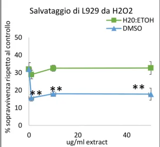 Figura 8: Inibizione della morte cellulare indotta con  500  µM  H 2 O 2   in  Fibroblasti  L929  in  presenza  di  estratti  di  etanolo  al  50%  e  di  DMSO,  valutati  mediante test MTT a 24 ore