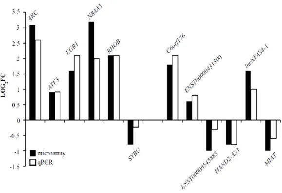 Fig  10.  qPCR  validation  of  some  differentially  expressed  mRNA  and  lncRNAs  (Aliperti  and  Donizetti, 2016)