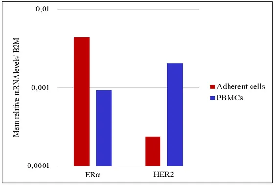 Figure 6. mRNA expression levels of ERα and HER2 in PBMCs and  adherent cells from MBC patients