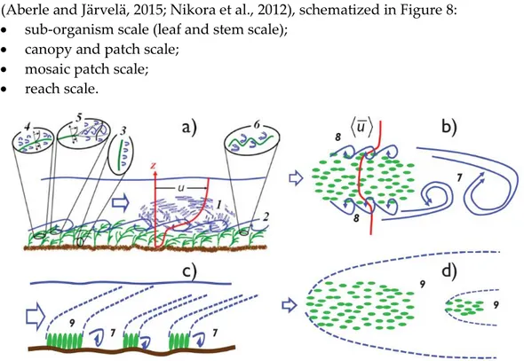 Figure 8 – Conceptual schematization of the flow patterns in vegetated channels: side view at a patch scale (a);  plan view at a patch scale (b); side view at a patch mosaic scale (c); and plan view at a patch mosaic scale (d)