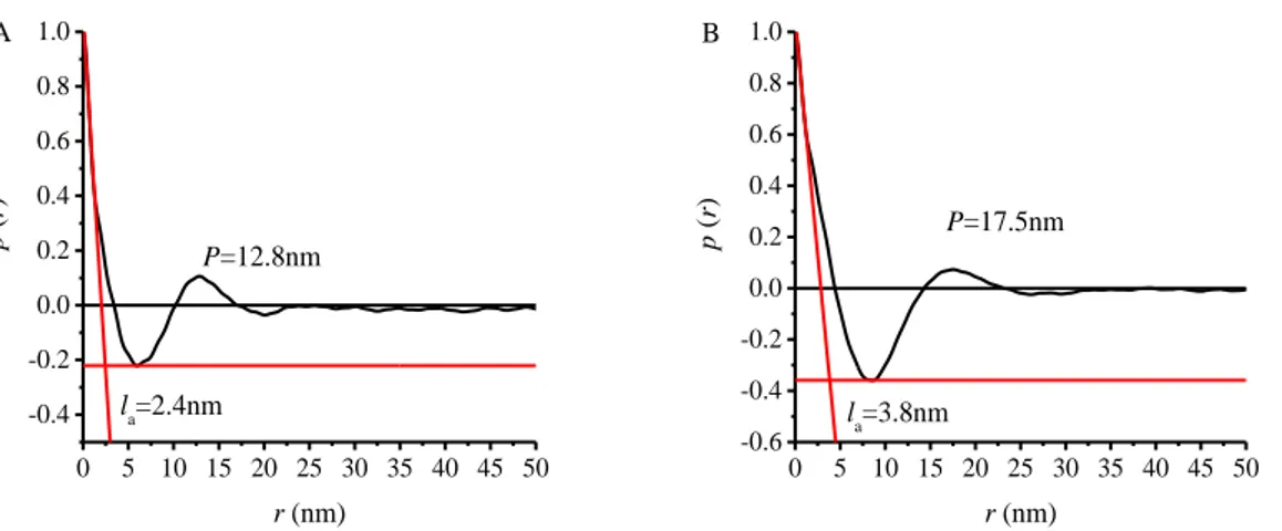 Figure 2.8 Normalized correlation function obtained for the iPP homopolymer RDG-1-41 from the experimental SAXS profile recorded at 25°C (A)  and 120°C (B)