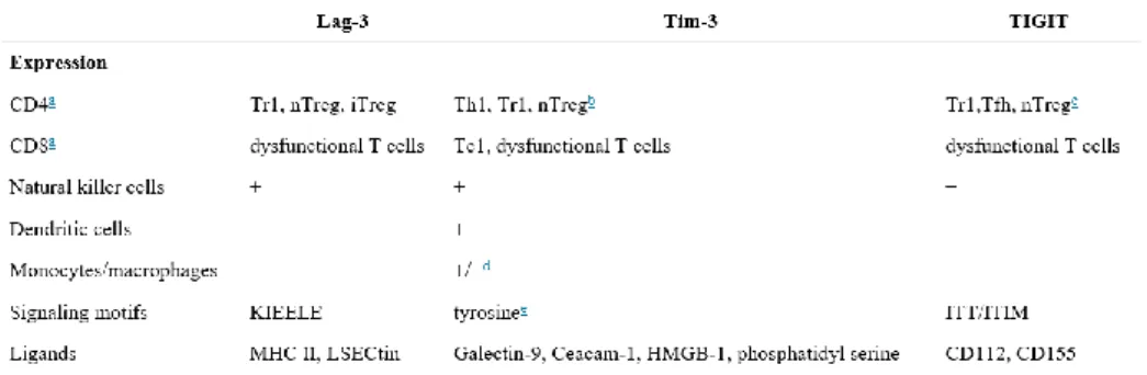 Table 1. Comparison of Lag-3, Tim-3 and TIGIT (from Anderson et al., 2015). 