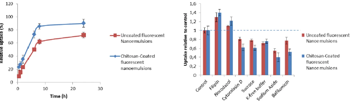 Figure 3.4. Left, overall cellular uptake quantification of H9c2 cells (at a density of 5 x 10 3  cells/well) from 0.5 up to 24 