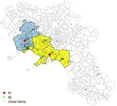 Figure 2.6. Map of Scenario 2 (r = 20 km, D = 150,000, α = 0.0350, d max = 50 km) Moreover, also a third scenario is shown in Figure 2.7 , obtained by varying the BS