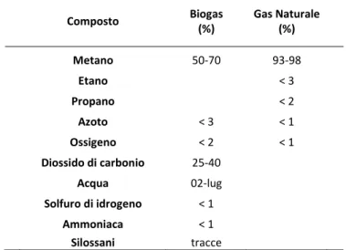 Tabella 5.1 - Confronto di massima fra la composizione del biogas e del gas naturale [42] 