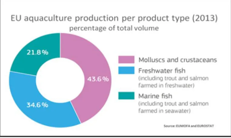 Fig. I.2 The 43,6 % of the total EU aquaculture production is constituted by molluscs and  crustaceans (EUMOFA, 2016)