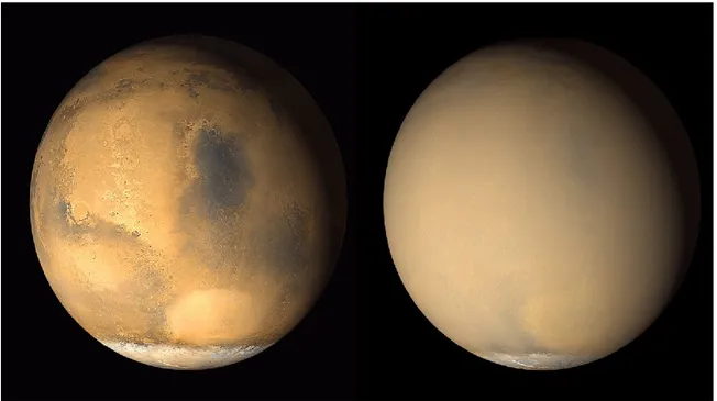 Fig. 1 Two images of Mars, taken by the Mars Orbiter Camera on NASA's Mars Global Surveyor orbiter, before and 