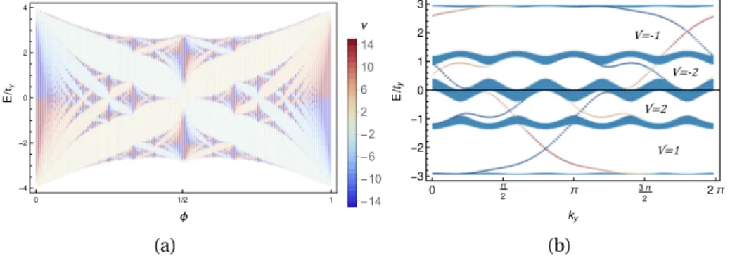 Figure I.2: IQHE in the Hofstadter model. a. Hofstadter butterfly: energy spectrum (projection) of the Hofstadter model within periodic boundary conditions changing the flux per plaquette φ