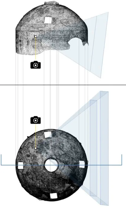 Fig. 7.11 - Sezione e schema planimetrico  della posizione della camera comune alla  fotograﬁ a e alla prospettiva della mesh.