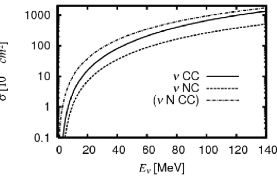 Fig. 2.1: Cross section for charged current (lower solid line), and neutral current (dashed line) neutrino interactions