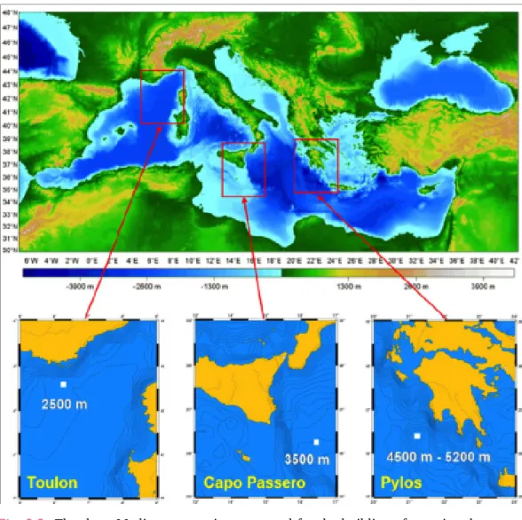 Fig. 2.3: The three Mediterranean sites proposed for the building of neutrino detectors: