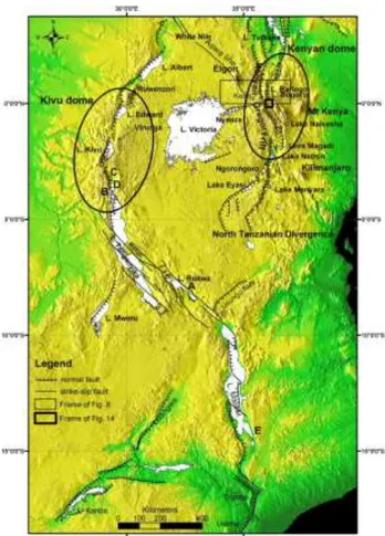 Figure 1.2: Western branch and part of eastern branch of the East African rift system, on shadowed DEM