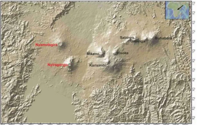 Figure 1.7: Main volcanic centres in the Virunga Volcanic province. Modified from DEM image