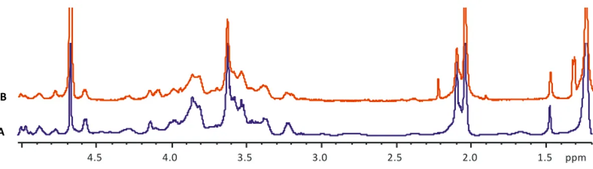 Fig. 3.3 (600 MHz, 310 K) Mono-dimensional DOSY spectra of isolated fibrils glycans in different conditions:  A) DTT 50 mM, 2h, 100°C; B) DTT 50 mM, 2h, R.T