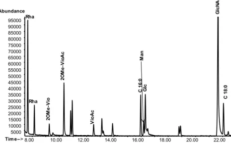 Fig. 3.4 GC-MS analysis of acetylated methyl glycosides (AMG) of fibrils glycans. This analysis revealed that 