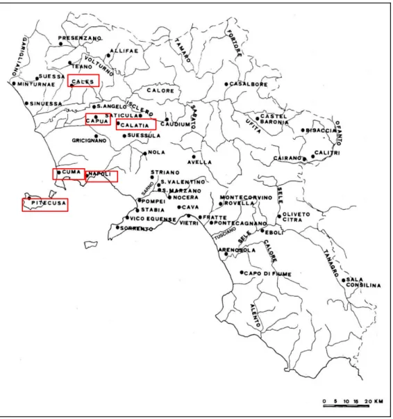 Figura 2 La Campania con indicazione dei siti esaminati (rielaborazione da Cerchiai 2017)