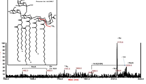 Figure 3.12 Negative-ion MALDI MS 2  spectrum of the hexa-acylated lipid A species at m/z 