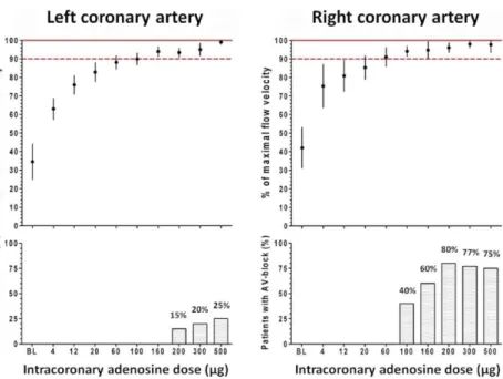 Figure 3: Intracoronary adenosine dose-flow relationship. (Top) Dose-response data for the  right coronary artery (RCA) (left panel) and the left coronary artery (LCA) (right panel)