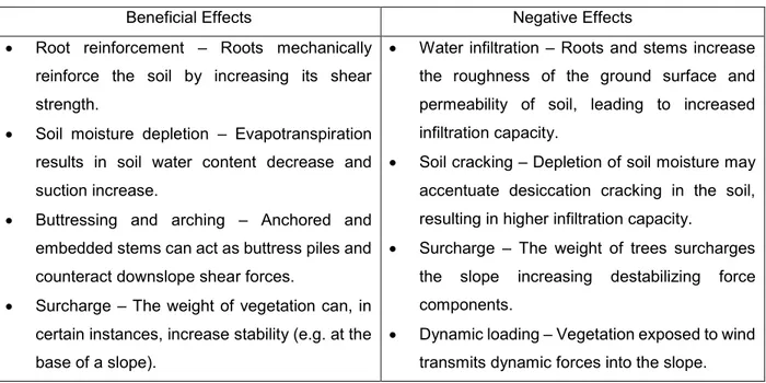 Table 2 – Beneficial and negative effects of vegetation on slope stability (Gray and Sotir, 1996)