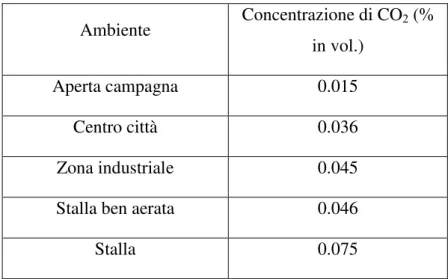 Tabella 7.2: valori ci concentrazione di CO2 misurati in diversi ambienti 