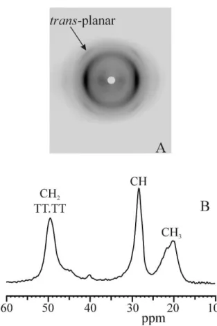 Figure 1.18. A) X-ray fiber diffraction pattern of an oriented fiber of a highly stereoregular 