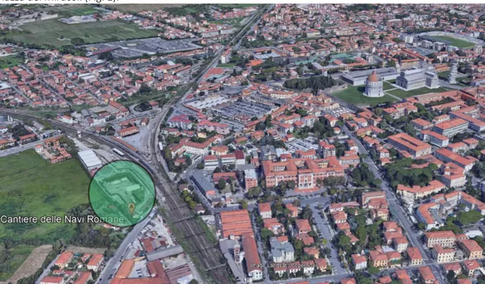 Figura 1. Foto satellitare del Cantiere delle Navi Antiche di Pisa San Rossore.