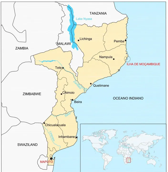 Fig. I.1 Mappa del Mozambico.  Elaborazione grafica dell’Arch. Valentina Giovagnoli. 
