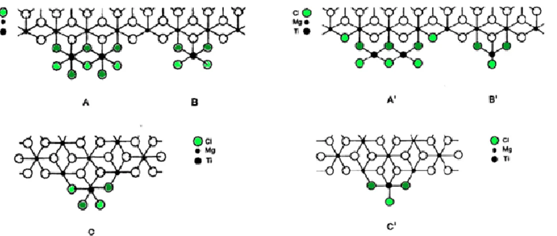 Figure  3.1.  Epitaxial  models  of  Ti x Cl 4x  (A–C)  and  Ti x Cl 3x   (A'–C')  species  on  lateral  MgCl 2 