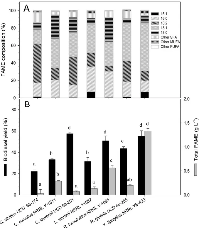 Figure 6.1. Percent compositions of fatty methyl esters (FAMEs) derived from lipids produced by 7 selected  strains grown in shaken flask on  glycerol (A) and biodiesel yields (%) and FAME amounts obtained from  lipid transesterification (B)