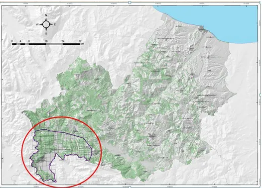 Figure 3: Forest mask according the forest types map of Molise Region (green). The study area is located in the south western part  of the Molise Region (red circle)