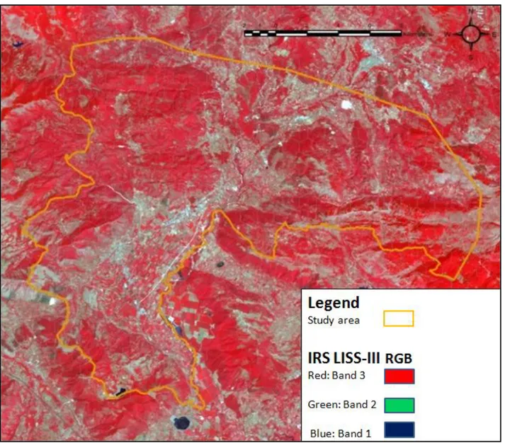 Figure 4: Border of the study area (orange) on the IRS satellite Multispectral image derived from the LISS-III sensor