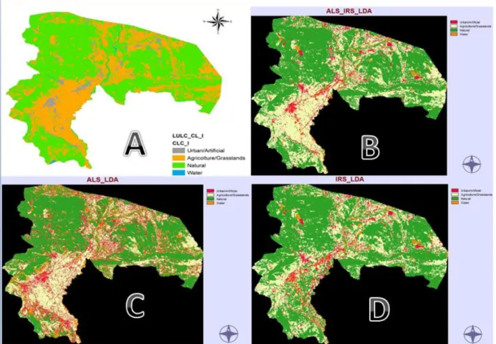 Figure 7: Comparison of the Land Use classification according to the LDA approach. Map of Land Use Land Cover according the  CLC level 1 (a); LDA classification based on the combined use of ALS+IRS (b); LDA classification based on the ALS data (c); LDA  cl
