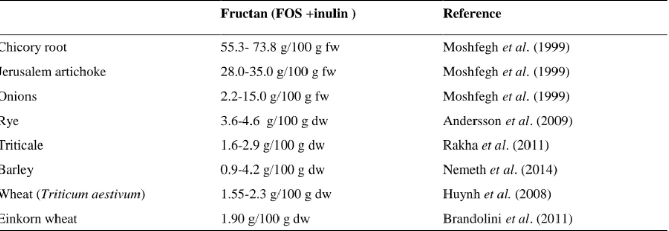 Table 1.3. Fructan quantity in some consumed foods (dw= dry weight, fw= fresh weight)