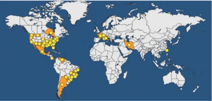 Figure 3: Geographical distribution of Xylella fastidiosa (EPPO/PQR 2016). 