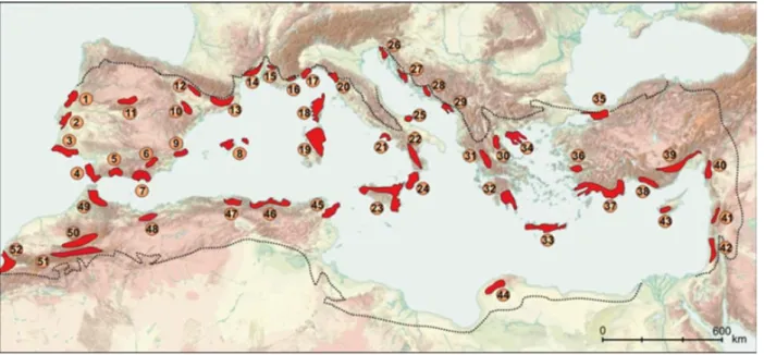 Fig. 15 – Ecoregione mediterranea e distribuzione geografica dei 52 rifugi glaciali (Mèdail &amp; Diadema 2009) 