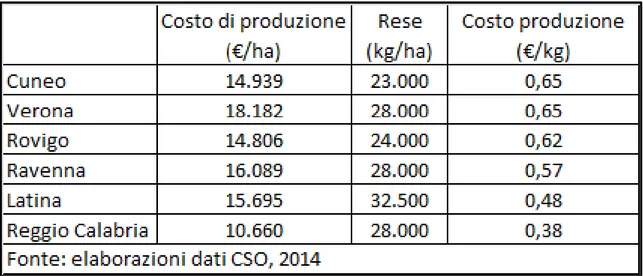 Fig. 20: stima dei costi di produzione ad ettaro ed a kg di prodotto 