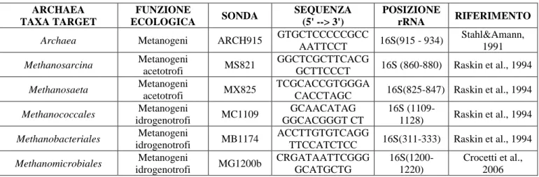 Tabella 11a. Lista delle sonde utilizzate in questa tesi relative al Domino degli Archaea 