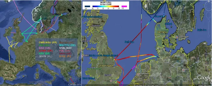 Fig. 1 On the left an example of Ferrybox routes; on the right a map for seasurface salinity obtained by Ferrybox data