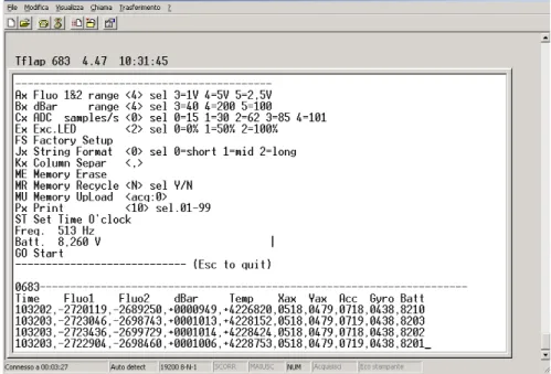 Fig. 4 Terminal screen showing the different instruments and sensor configurations and controls.