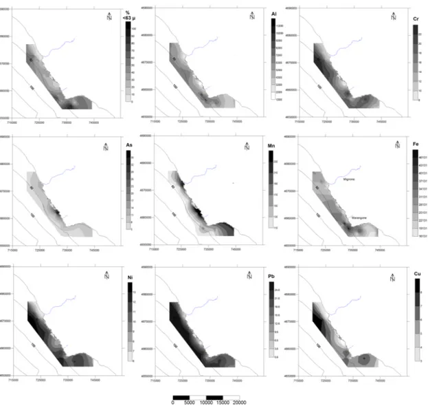 Fig. 3 Spatial distribution of the % of pelitic fraction, Al, Cr, As, Mn, Fe, Ni, Pb and Cu.