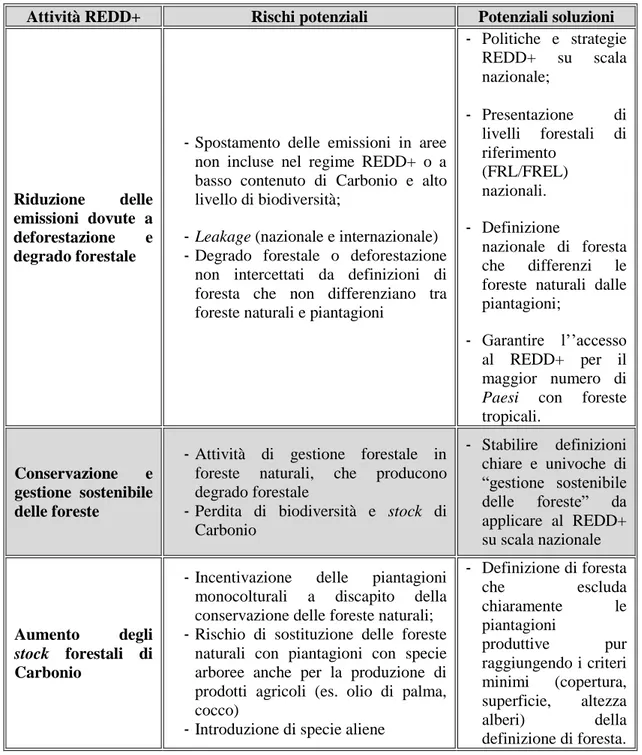 Table 3.1 – Attività REDD+ e rischi potenziali per la biodiversità 