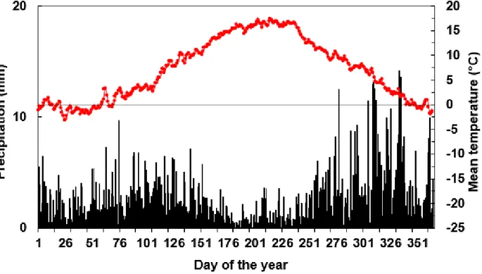 Figura 6 a: Valori giornalieri medi di Temperatura dell’aria (Ta °C) e Precipitazioni (P mm) per il periodo 1996-2015 